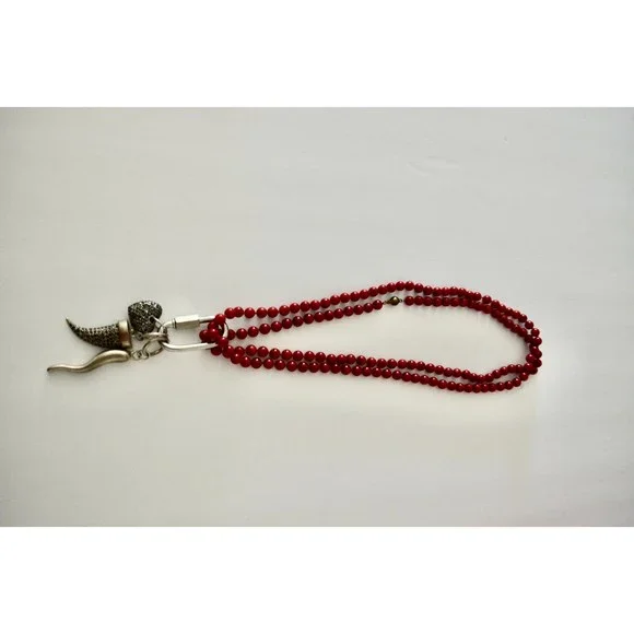 Coral Double Strand Necklace with Carabiner Lock Huge Pendants Statement Piece
